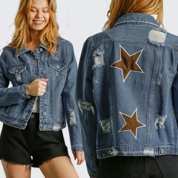 Umgee Blue Denim Jacket with Brown Star Accents size M - Picture 3 of 9